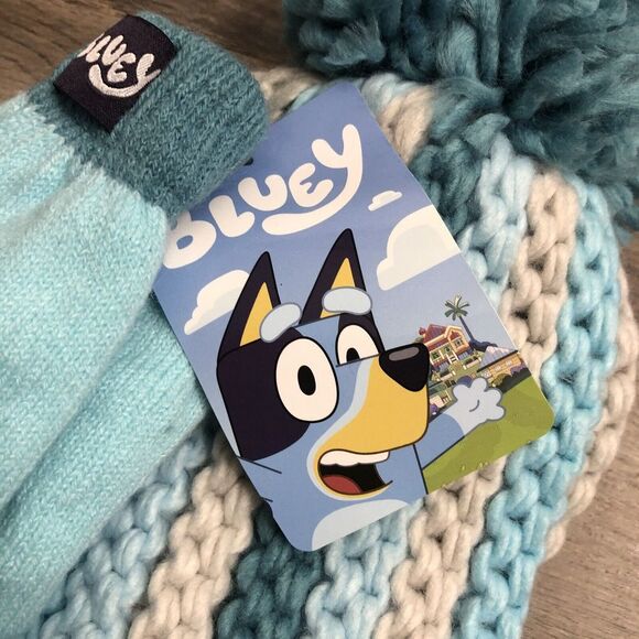 New Disney Bluey Knit Beanie & Mittens Set Toddler 2T-5T Boy Girl Pom Pom Blue - Picture 4 of 8